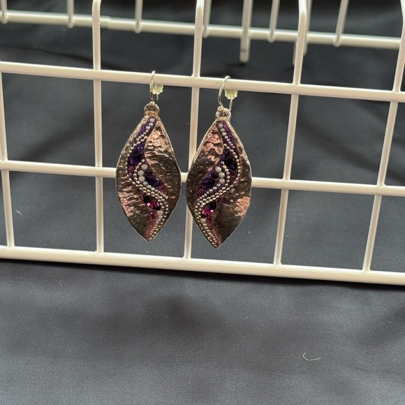 Vintage 925 Israeli Silver Hammered Leaf Design amethyst and pearls Bobo artisan - Picture 5 of 5